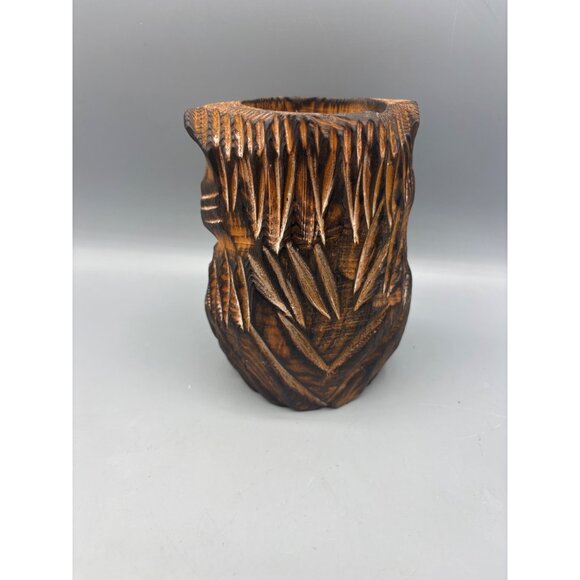 Vtg 70s Hand Carved Wooden Owl Votive Candle Holder‎ Amber Glass Eyes Boho - Picture 4 of 7